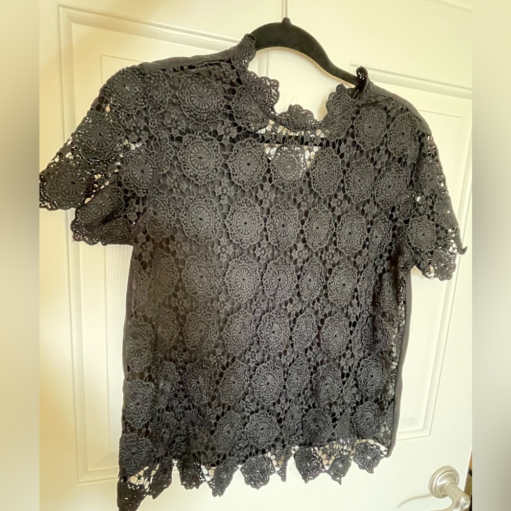 Lace Crochet Short Sleeve Top - Black